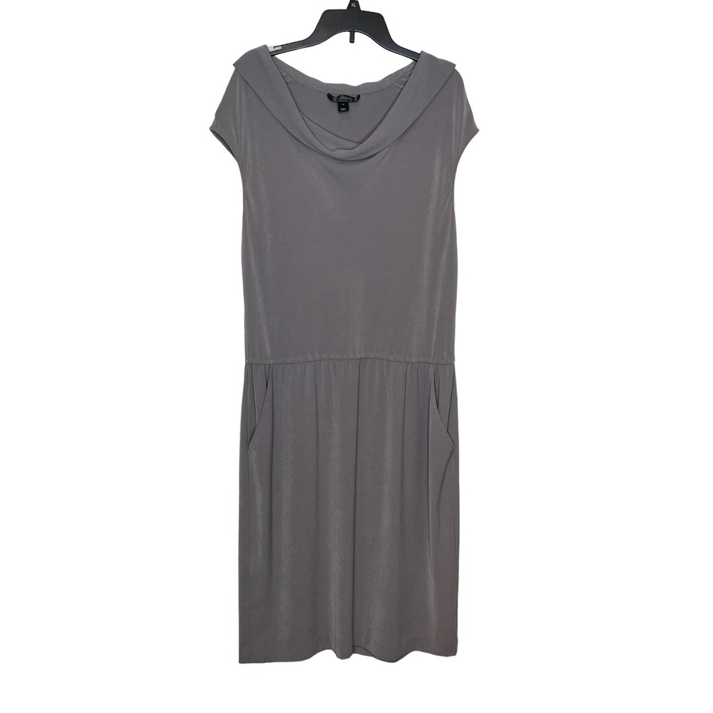 St.John Midi Sheath Dress Cowl Neck Women Size 12 Cap Sleeve Cinch Waist Gray